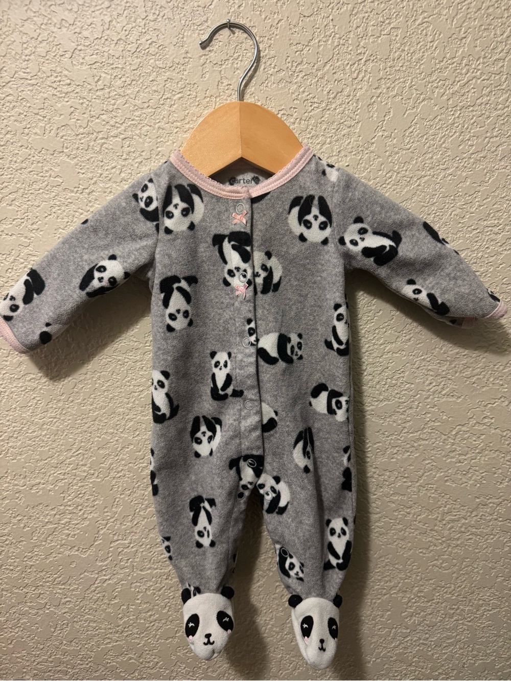 Carter's Gray Panda Footed One-Piece with Pink Trim
